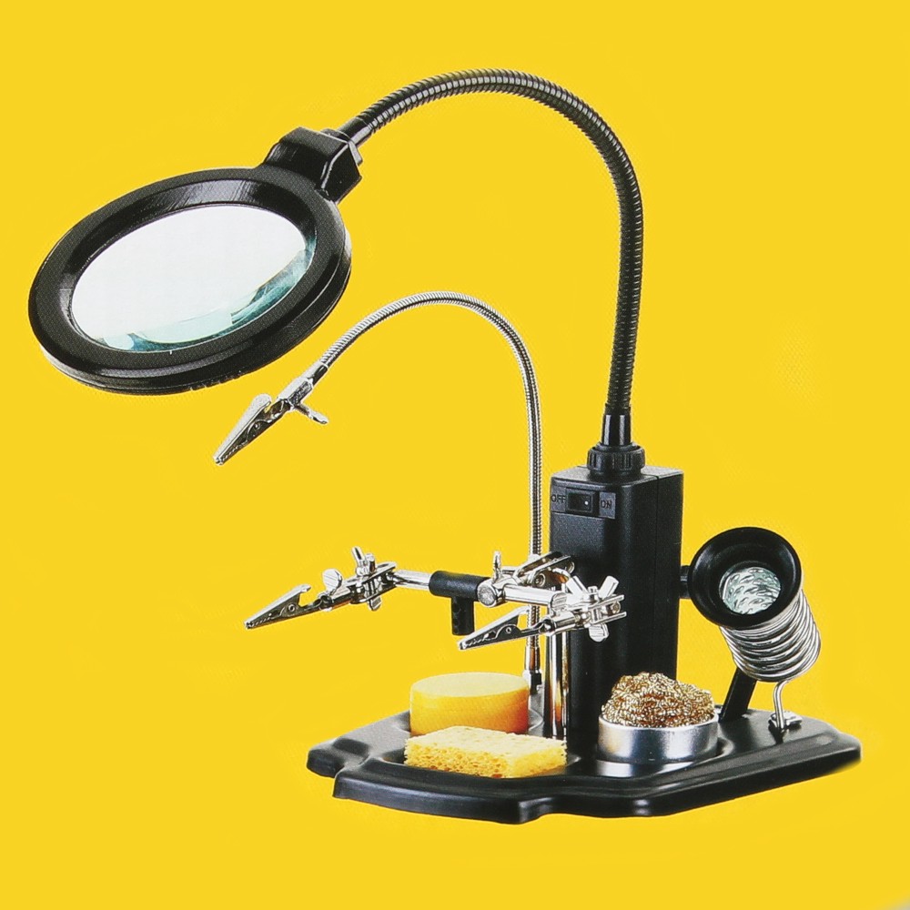 Magnifier lamp with helping hand, soldering iron holder, scraper
