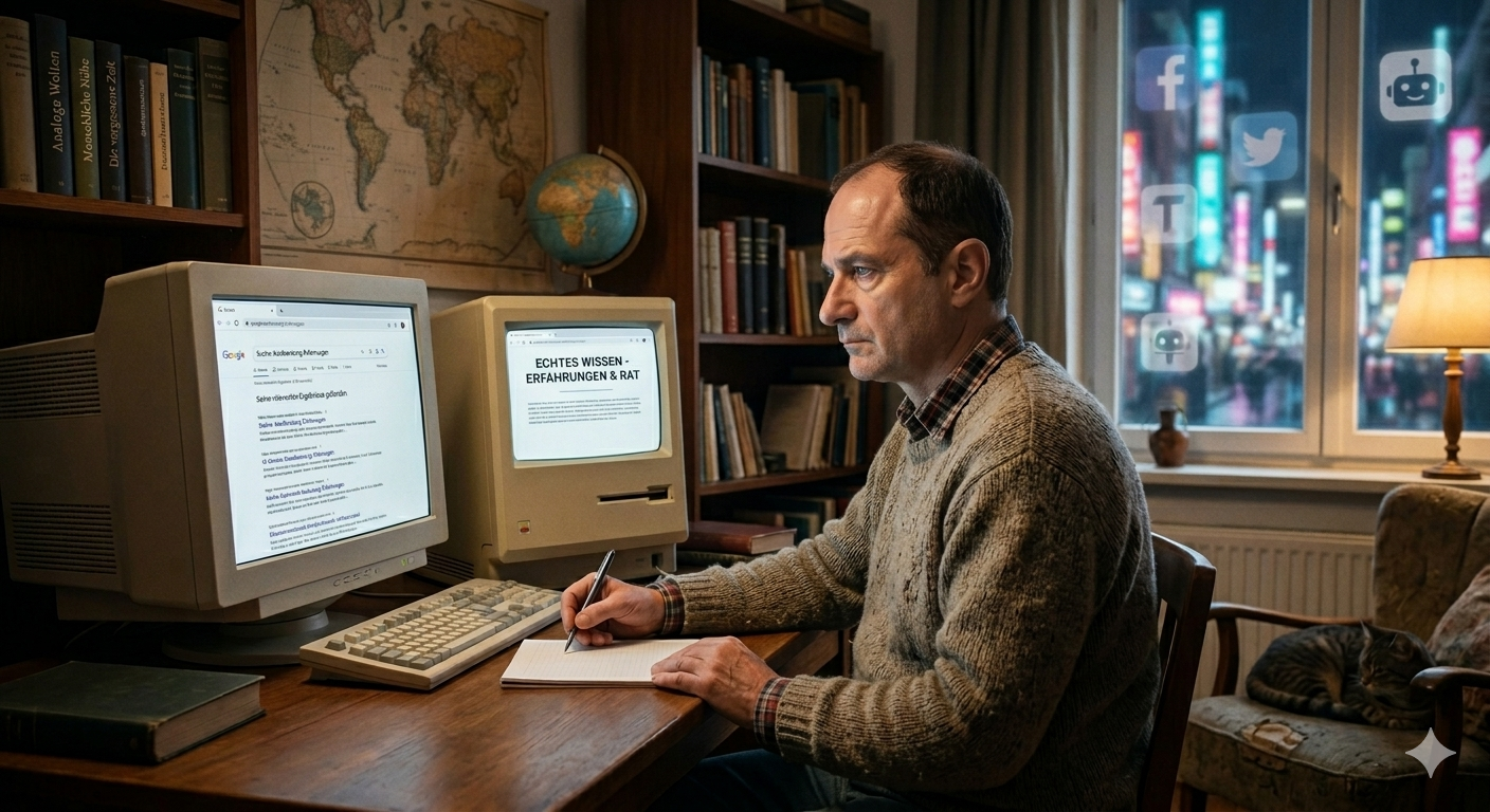 Symbolbild: Ein einzelner Autor schreibt im digitalen Rauschen