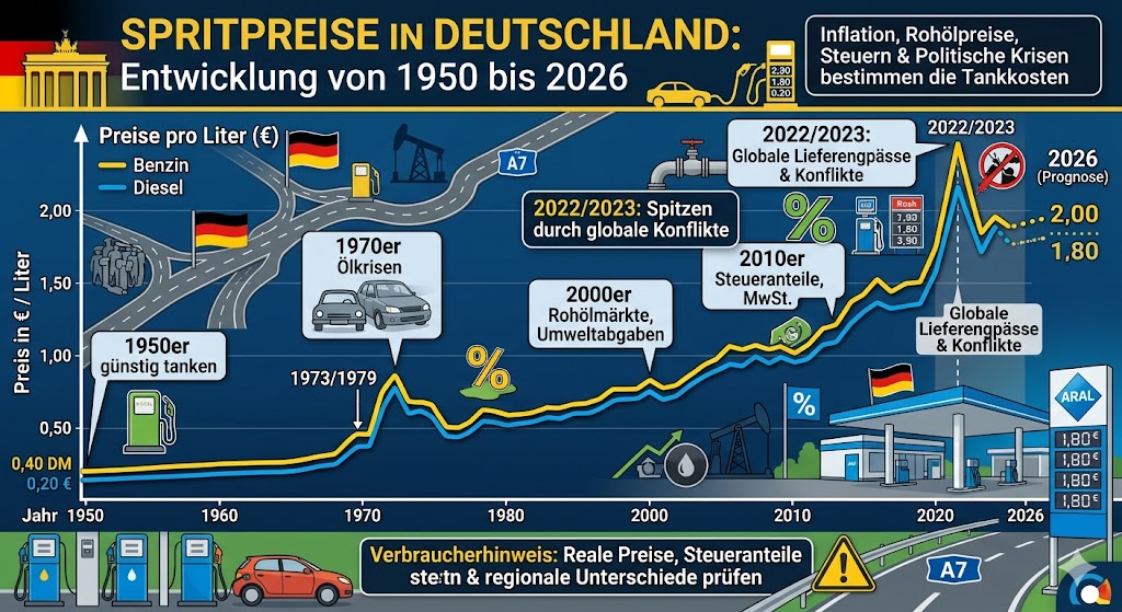 Spritpreise in Deutschland: Entwicklung von 1950 bis 2026
