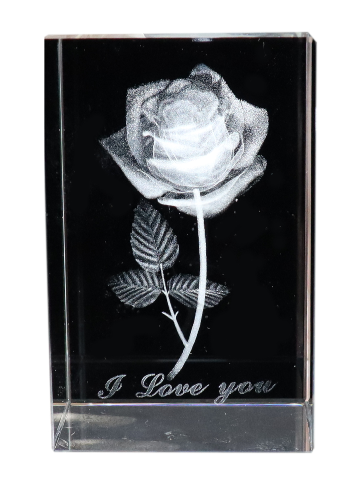 Kristallquader 3D Liebesrose Schrift unten 50x50x80 'I Love You'